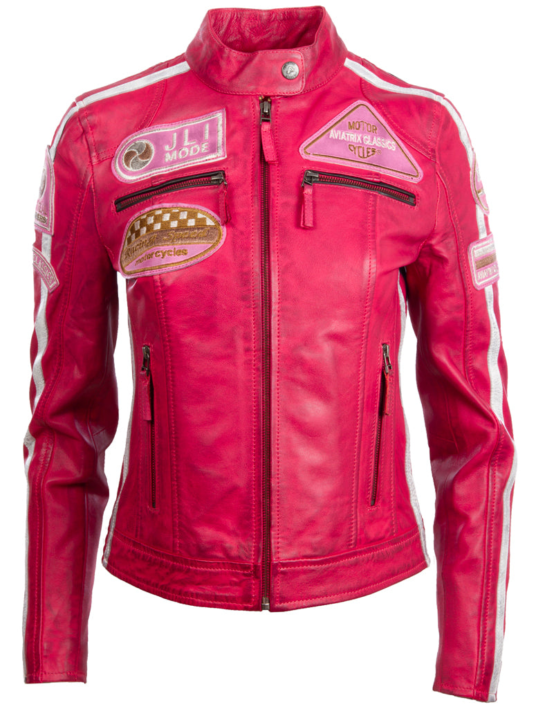 Aviatrix mujer super-suave banda de cuero real collar de moda biker chaqueta (QOOC) - rosa