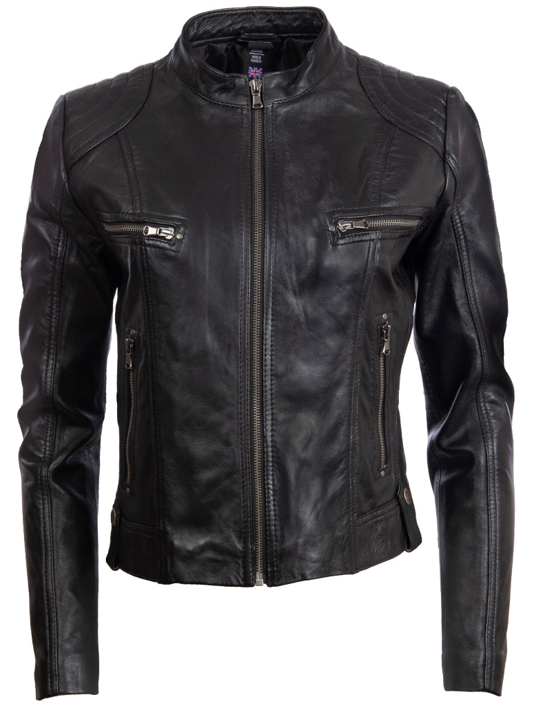 Aviatrix Chaqueta de motociclista de cuero corto de cuero de mujer (FPHE) - negro
