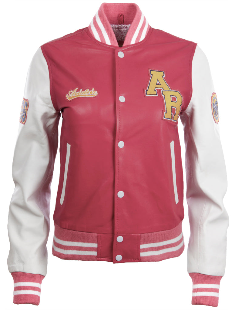 Aviatrix Women's real Leather Varsity Letterman Patch Bomber Jacket (YWVV)-Pink/White