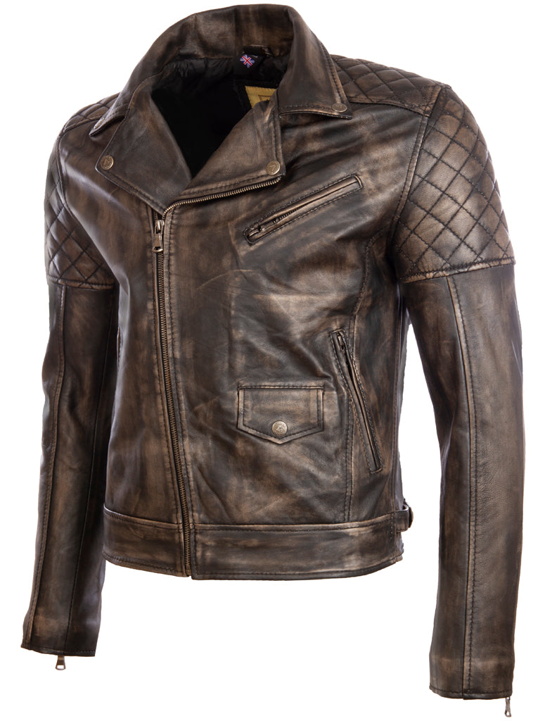 Aviatrix Herren Echtleder asymmetrischer Reißverschluss Mode-Bikerjacke mit Diamantpolsterung (6mfx)