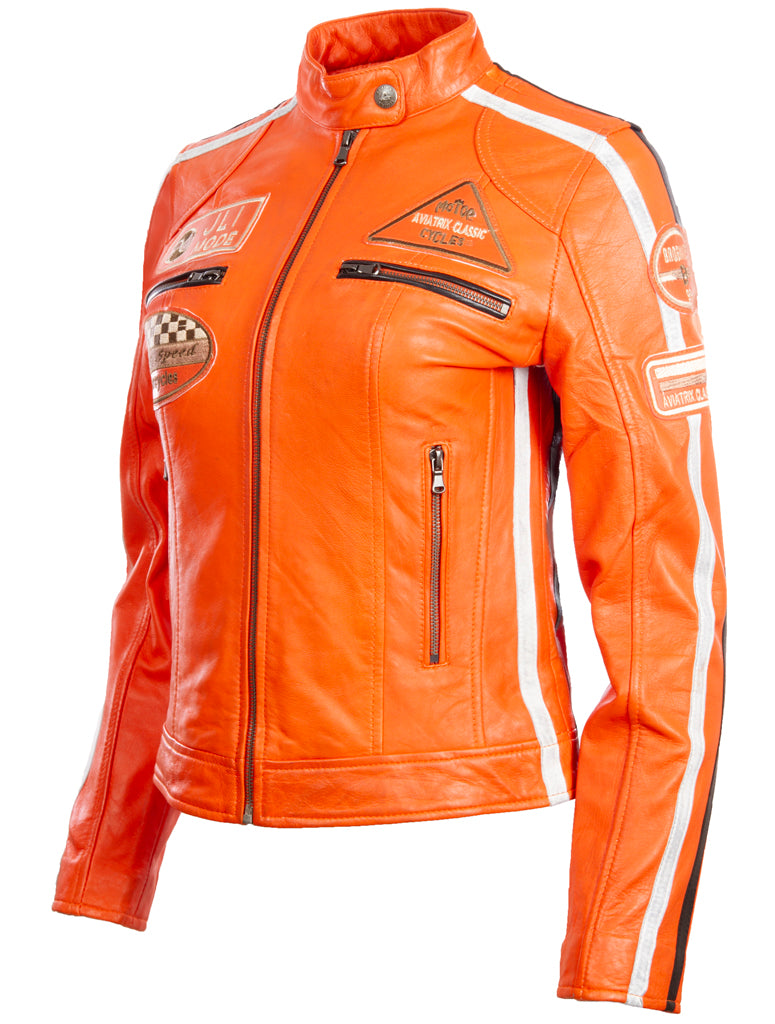 Veste biker fashion biker Aviatrix Women’s Super-Soft Real Leather Band Collar Patch Fashion Biker Jacket (QOOC) - Orange clair