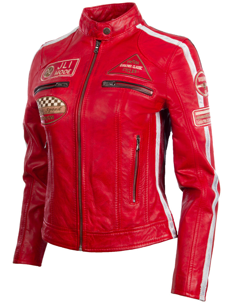 Aviatrix Damen Super-Soft Echtleder Band Kragen Patch Fashion Biker Jacke (QOOC) - rot