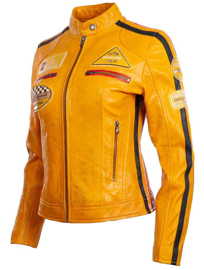 Aviatrix Damen-superweiche echte Lederbandkragen-Patch-Mode-Bikerjacke (Qooc) - Gelb