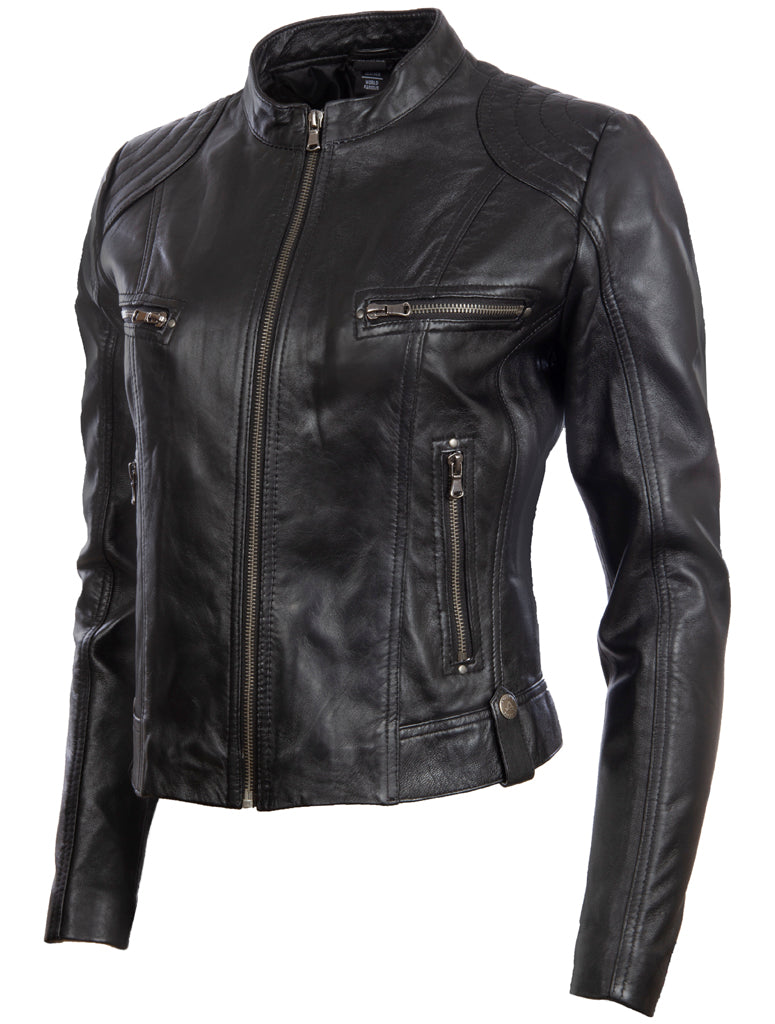 Aviatrix Chaqueta de motociclista de cuero corto de cuero de mujer (FPHE) - negro