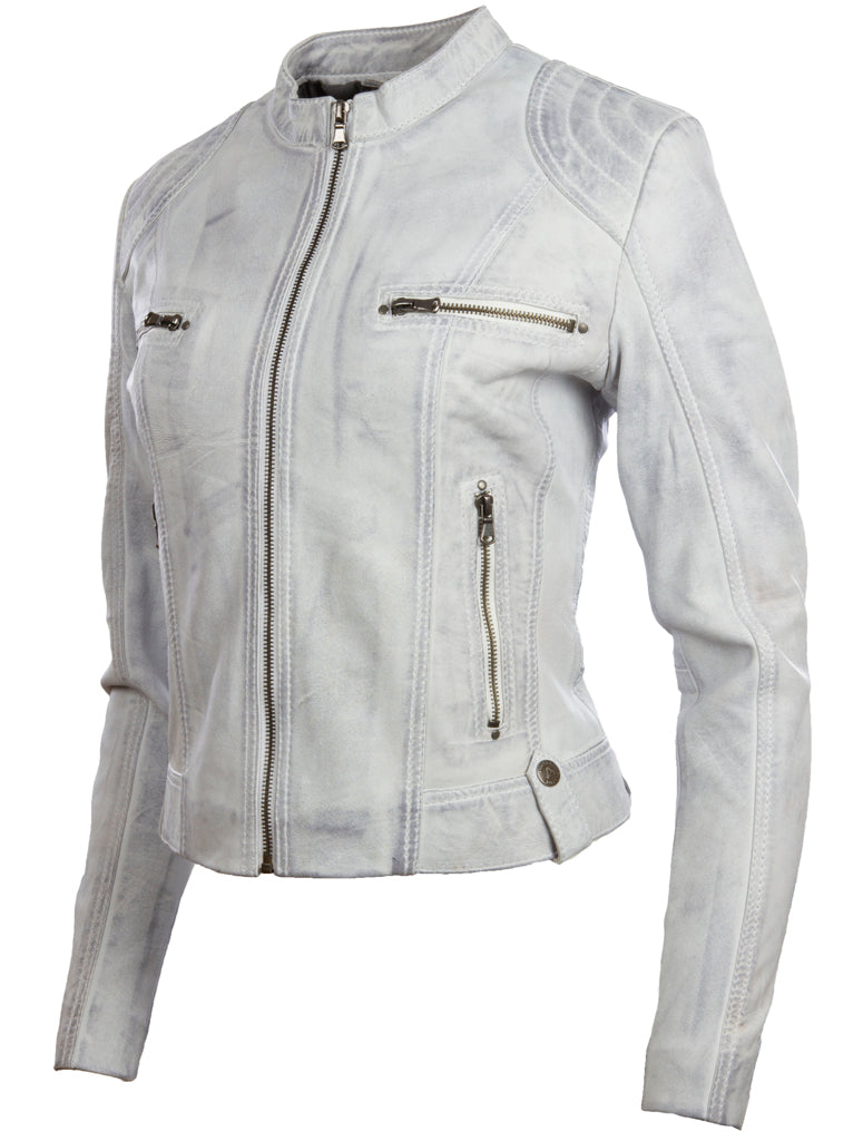 Giacca biker a moda corta in vera pelle da donna Aviatrix (FPHE) - Dirty White