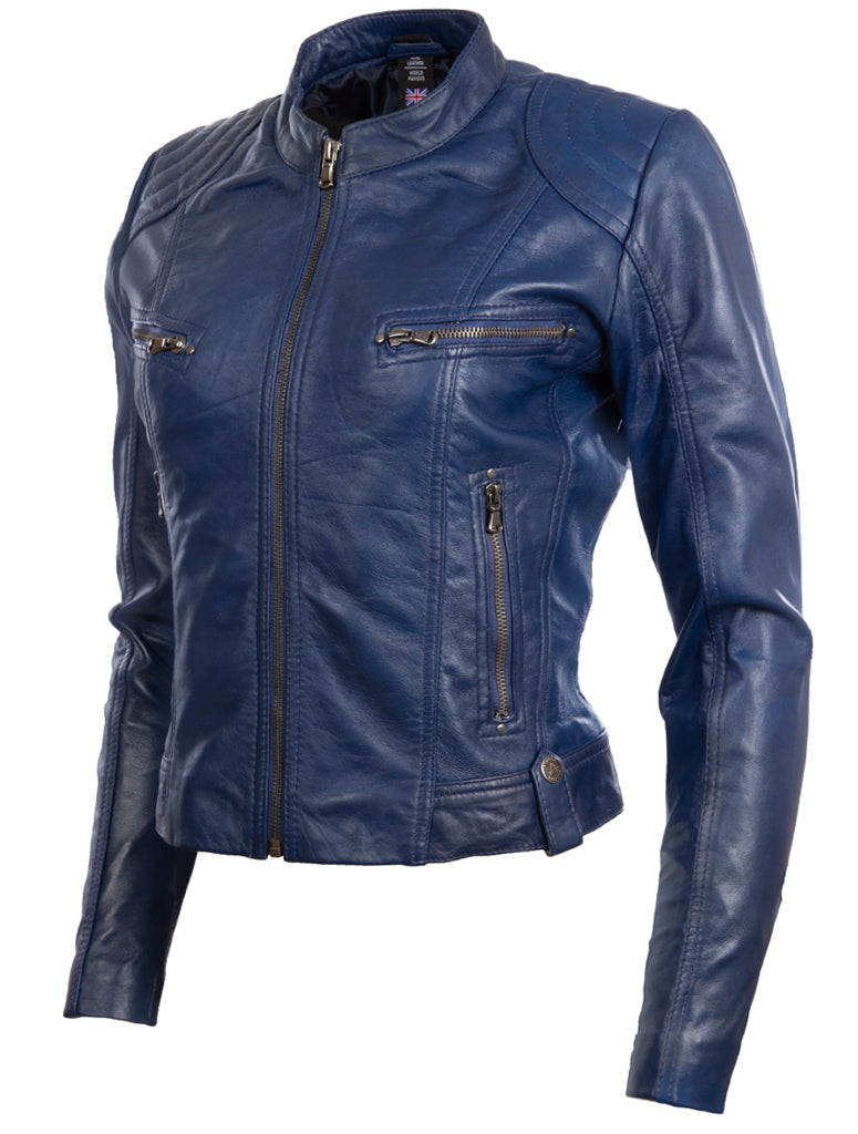 Chaqueta biker corta de cuero real para mujer Aviatrix (FPHE) - Azul medianoche