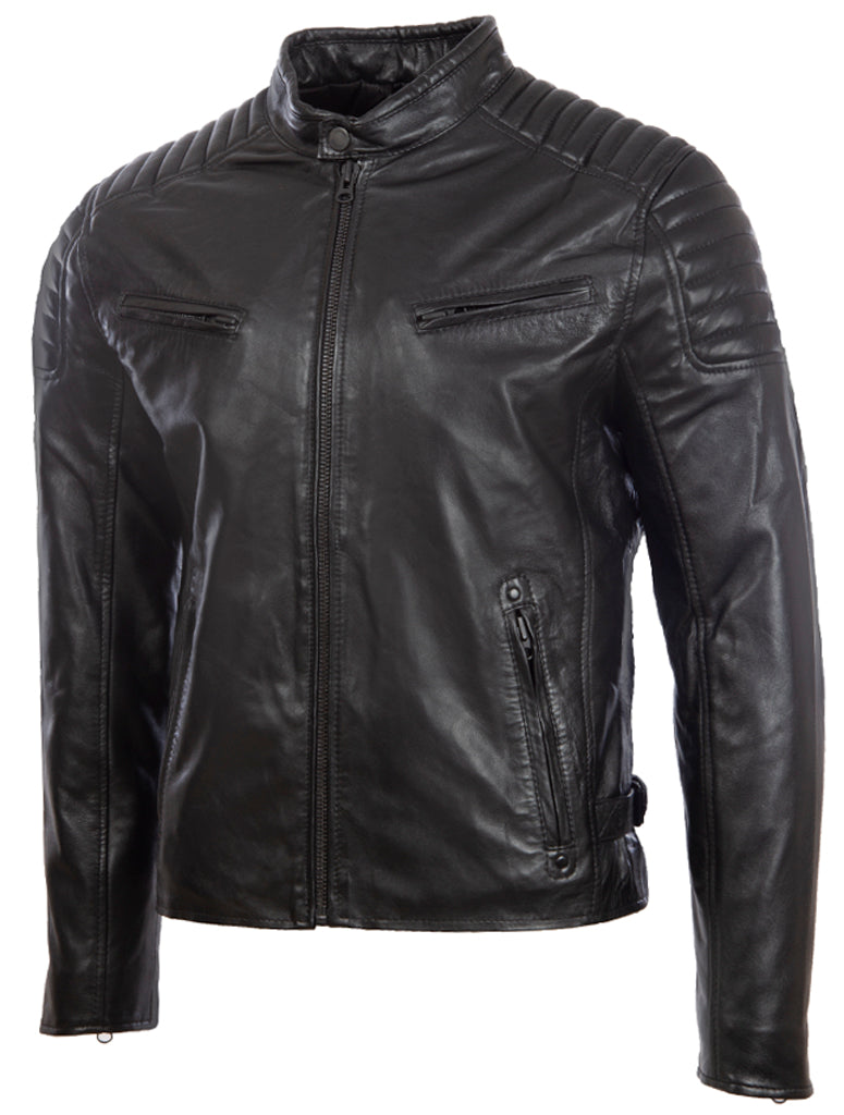 Aviatrix Chaqueta de motociclista de cuero real para hombre con detalles en los hombros acolchados (T86N)