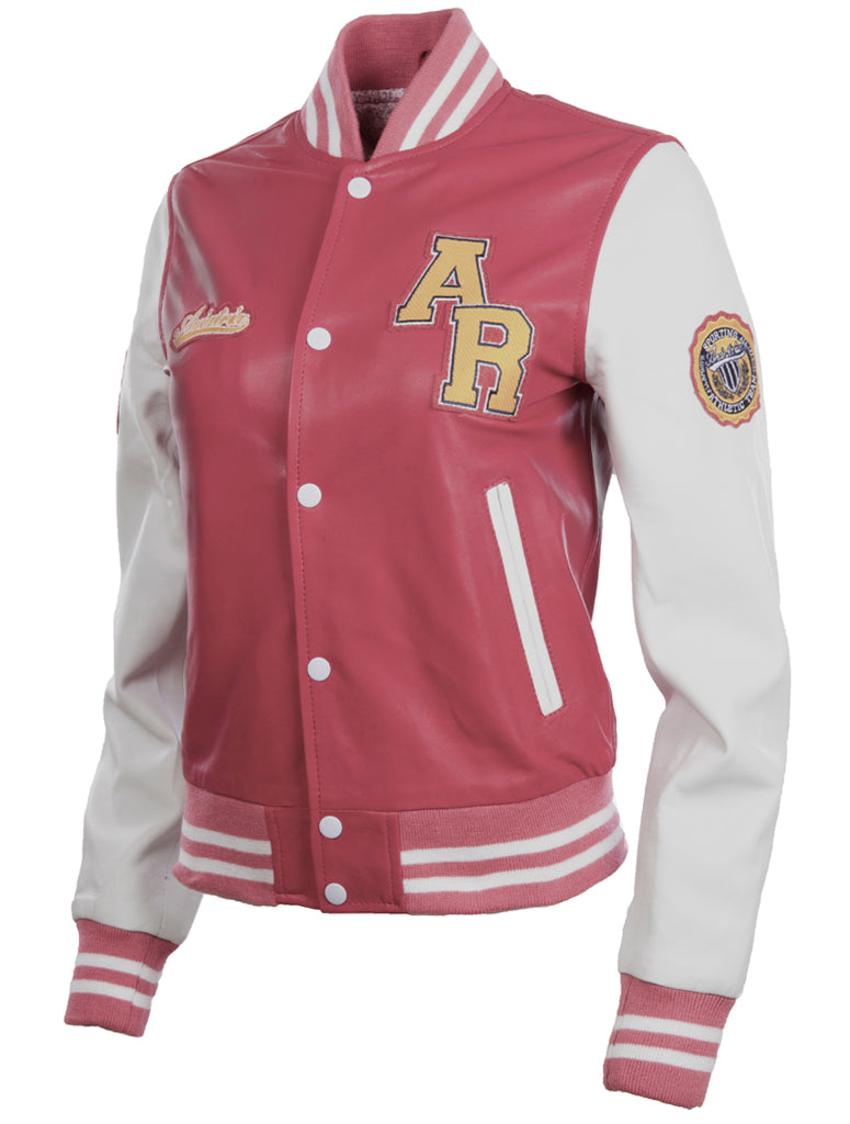 Aviatrix Women's real Leather Varsity Letterman Patch Bomber Jacket (YWVV)-Pink/White