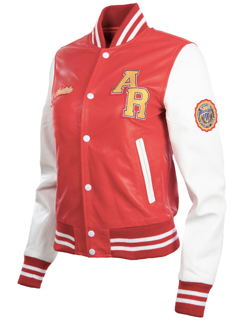 Aviatrix Women Real Leather Var stility Letterman Patch Bomber Giacca (YWVV) - Rosso / Bianco