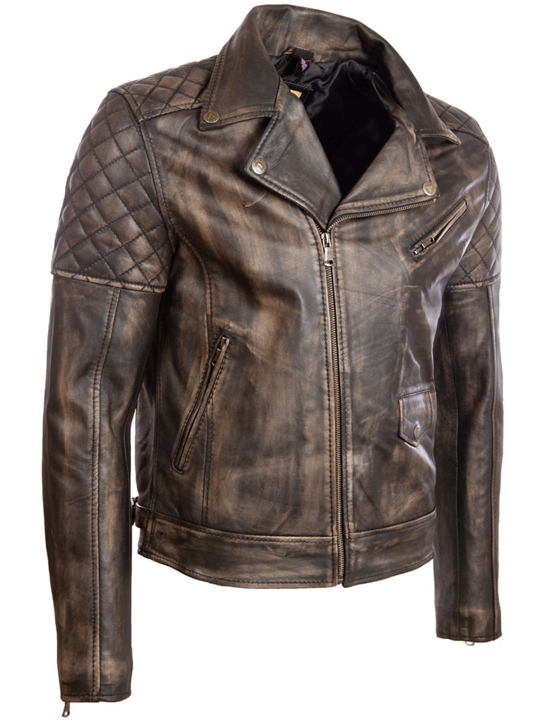 Aviatrix Herren Echtleder asymmetrischer Reißverschluss Mode-Bikerjacke mit Diamantpolsterung (6mfx)