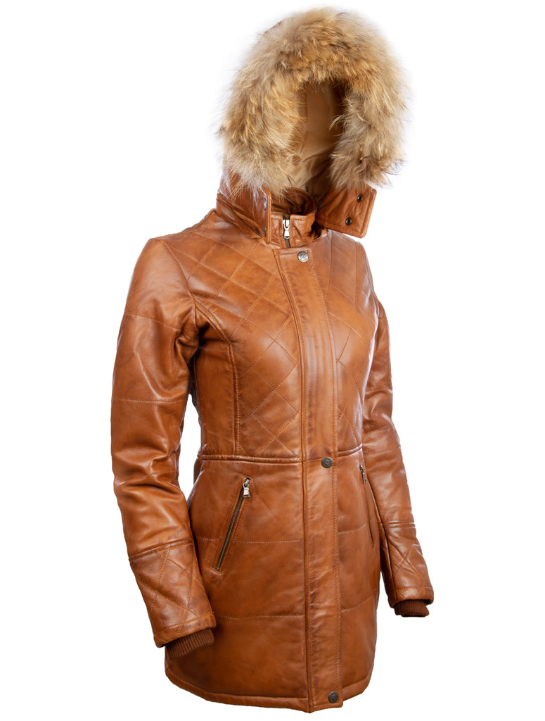 Gabardina de tres cuartos con capucha de cuero real para mujer Aviatrix (N5SQ) - Madera