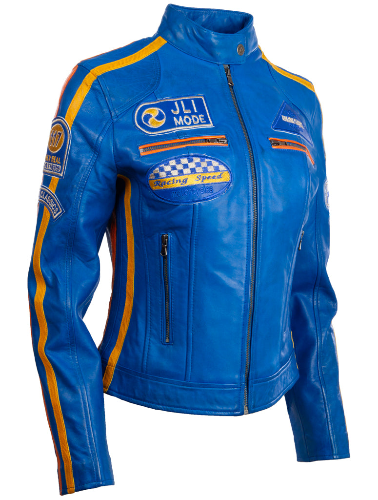 Giacca biker di moda Aviatrix Donna Super-Soft Real Leather Band Patch Fashion Biker (QOOC) - Blu elettrico