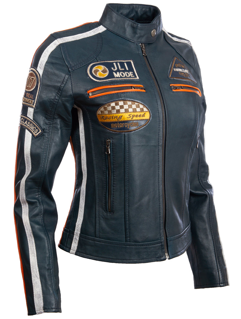 Veste biker fashion biker patch (QOOC) Super-Soft Real Leather Band Band Pour Femmes Aviatrix - Navy Blue