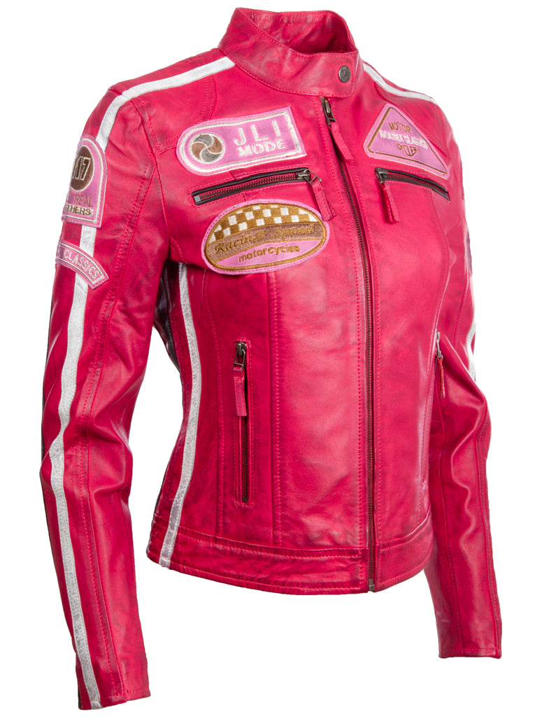 Aviatrix mujer super-suave banda de cuero real collar de moda biker chaqueta (QOOC) - rosa