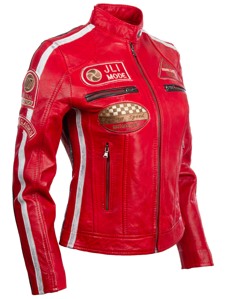 Aviatrix Damen Super-Soft Echtleder Band Kragen Patch Fashion Biker Jacke (QOOC) - rot