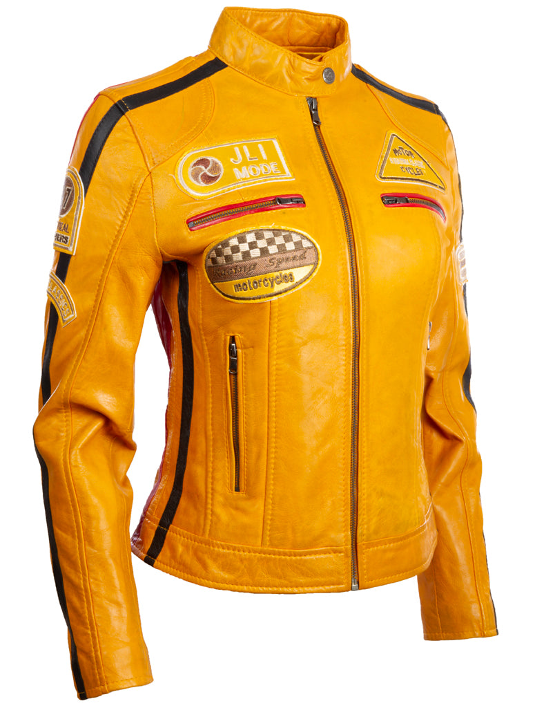 Aviatrix Damen-superweiche echte Lederbandkragen-Patch-Mode-Bikerjacke (Qooc) - Gelb