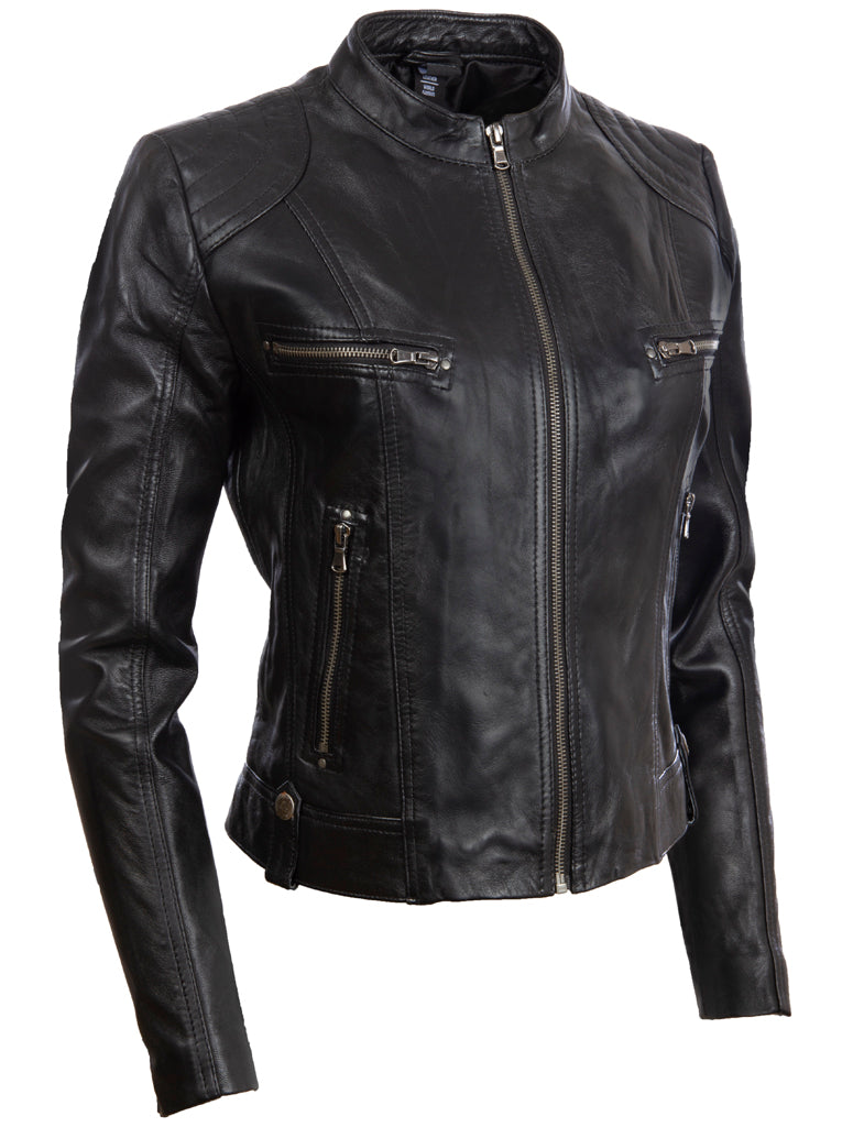 Aviatrix Chaqueta de motociclista de cuero corto de cuero de mujer (FPHE) - negro