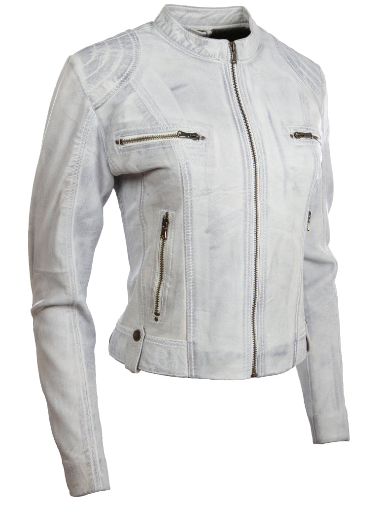 Giacca biker a moda corta in vera pelle da donna Aviatrix (FPHE) - Dirty White