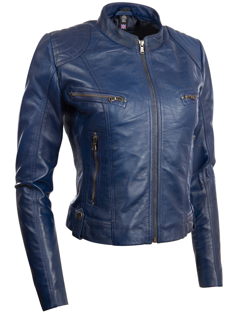 Chaqueta biker corta de cuero real para mujer Aviatrix (FPHE) - Azul medianoche
