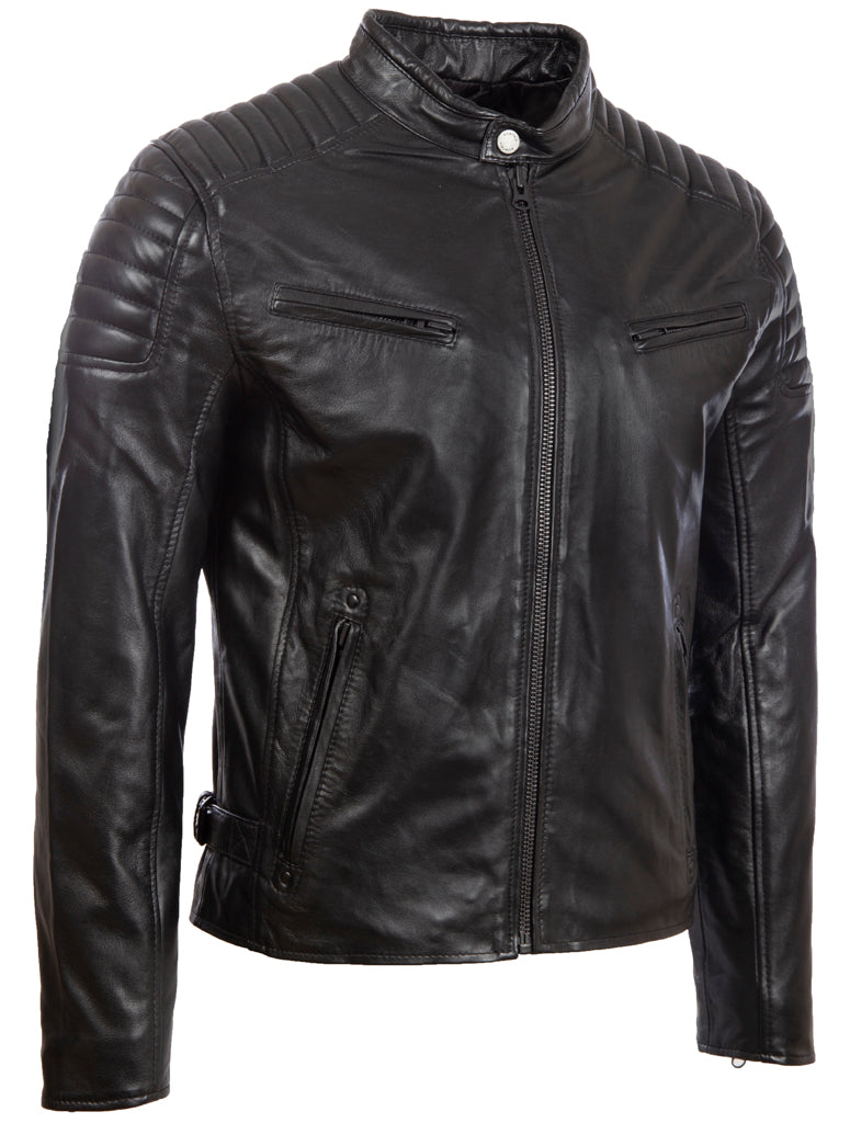 Aviatrix Chaqueta de motociclista de cuero real para hombre con detalles en los hombros acolchados (T86N)