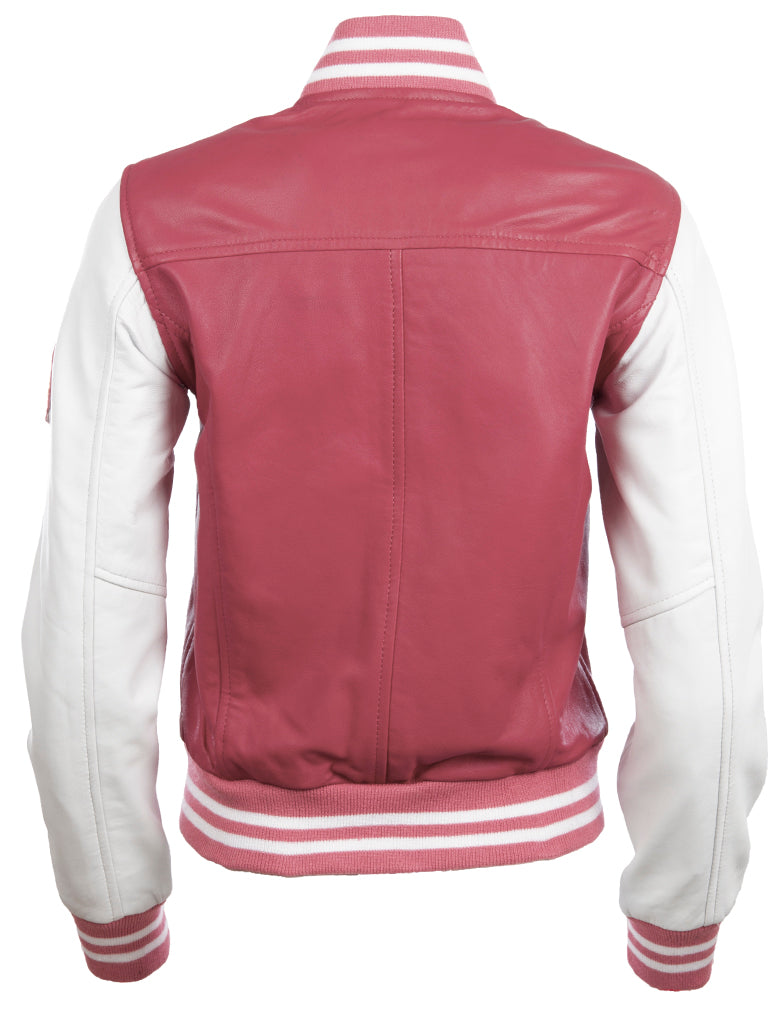 Aviatrix Women's real Leather Varsity Letterman Patch Bomber Jacket (YWVV)-Pink/White