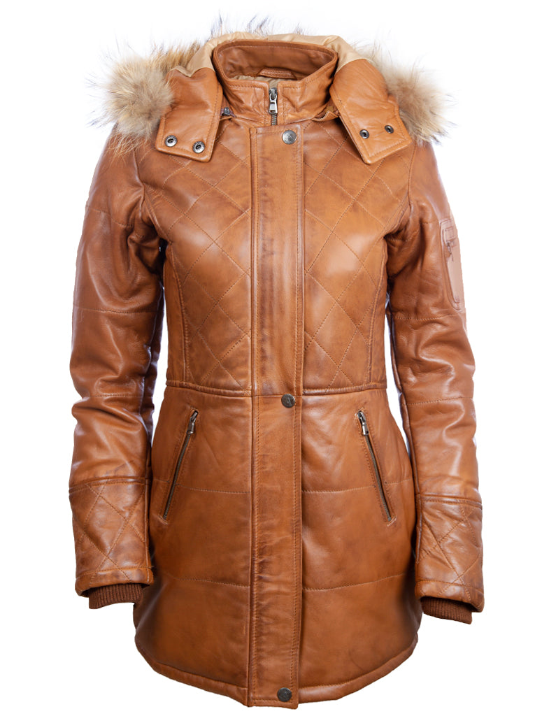 Gabardina de tres cuartos con capucha de cuero real para mujer Aviatrix (N5SQ) - Madera