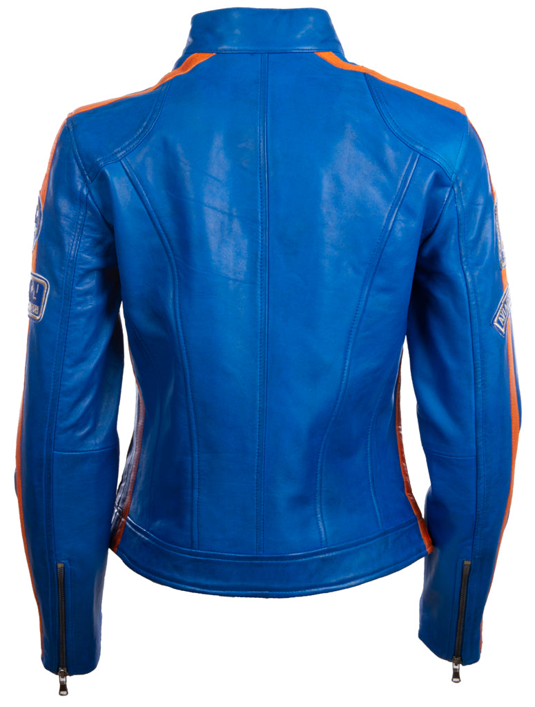 Giacca biker di moda Aviatrix Donna Super-Soft Real Leather Band Patch Fashion Biker (QOOC) - Blu elettrico