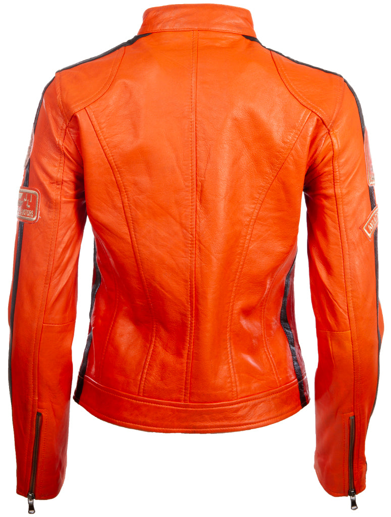 Veste biker fashion biker Aviatrix Women’s Super-Soft Real Leather Band Collar Patch Fashion Biker Jacket (QOOC) - Orange clair