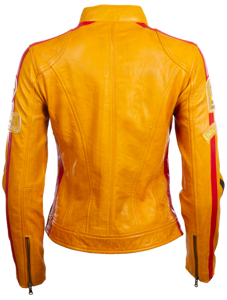 Aviatrix Damen-superweiche echte Lederbandkragen-Patch-Mode-Bikerjacke (Qooc) - Gelb