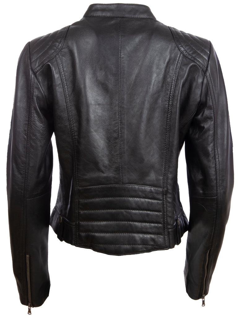 Aviatrix Chaqueta de motociclista de cuero corto de cuero de mujer (FPHE) - negro