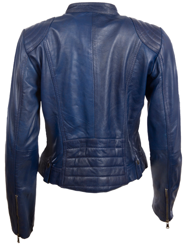 Chaqueta biker corta de cuero real para mujer Aviatrix (FPHE) - Azul medianoche