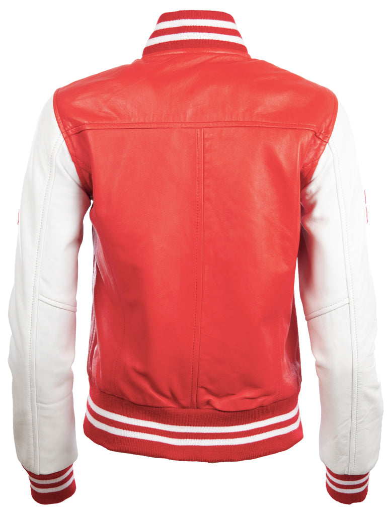 Aviatrix Women Real Leather Var stility Letterman Patch Bomber Giacca (YWVV) - Rosso / Bianco