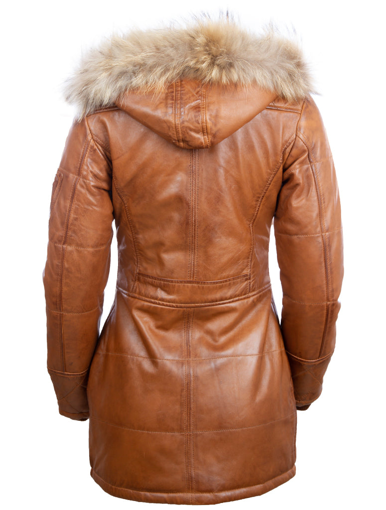 Gabardina de tres cuartos con capucha de cuero real para mujer Aviatrix (N5SQ) - Madera