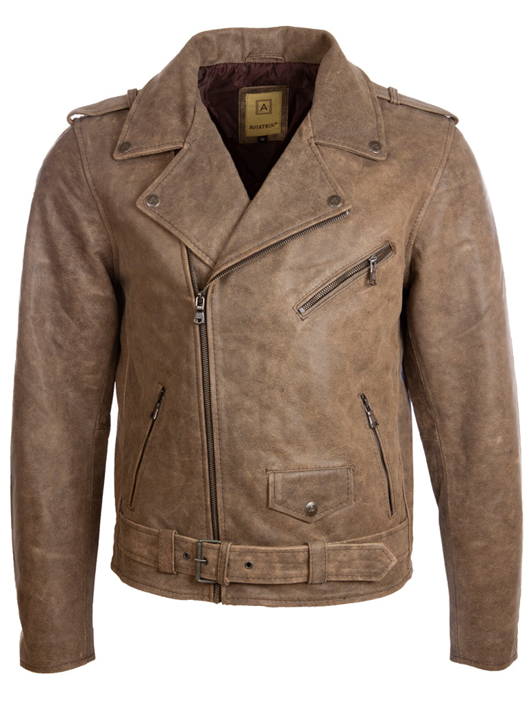 Aviatrix Men's Belted Biker Jacket in Real Cow Leather or Real Sheepskin Leather (N2KG) - Desert Tan