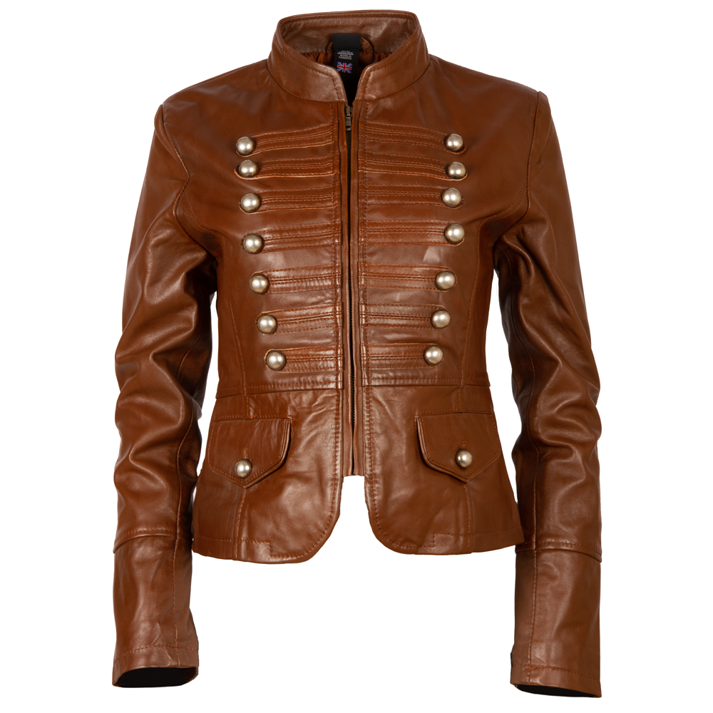 Aviatrix Women’s Real Leather Military Parade Jacket with Decorative Buttons (T5J4) - Timber