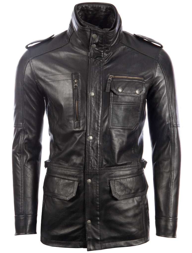 Aviatrix Men's Real Leather Fashion Military Field Jacket Coat (ZGOK) - Black