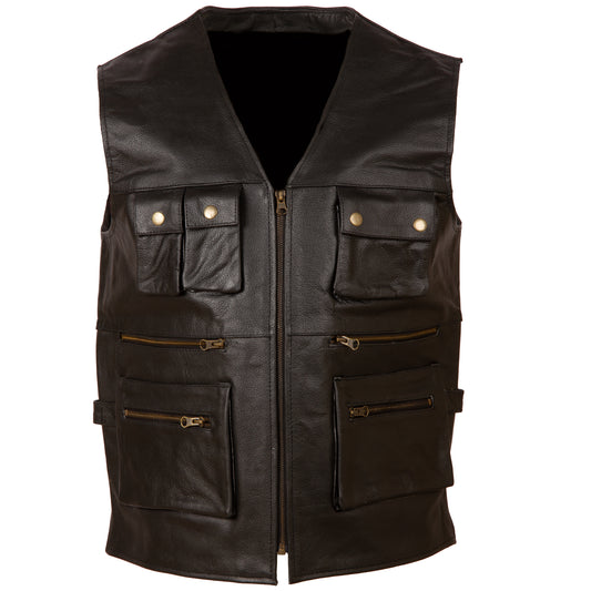 Aviatrix Men's Real Leather Fishing Travel Outdoor Hunting Waistcoat (TJUP) - Black Cow Hide