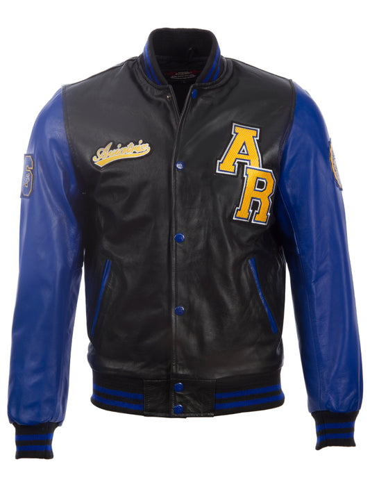Aviatrix Men's Real Cow Hide Leather Baseball Varsity Patch Bomber Jacket (VZH7) - Blue/Black