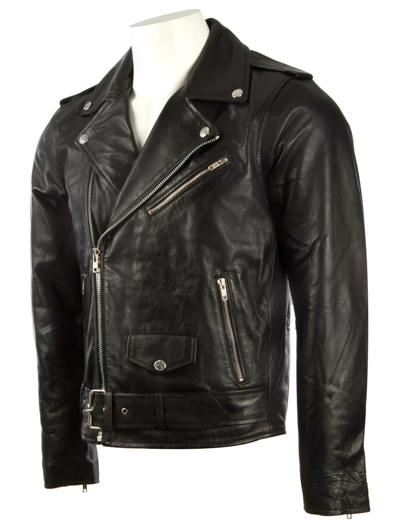 Aviatrix Men's Belted Biker Jacket in Real Sheepskin Leather (N2KG) - Black SH