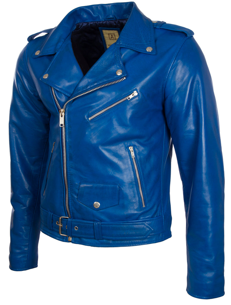 Aviatrix Men's Belted Biker Jacket Real Sheepskin Leather (N2KG) - Electric Blue