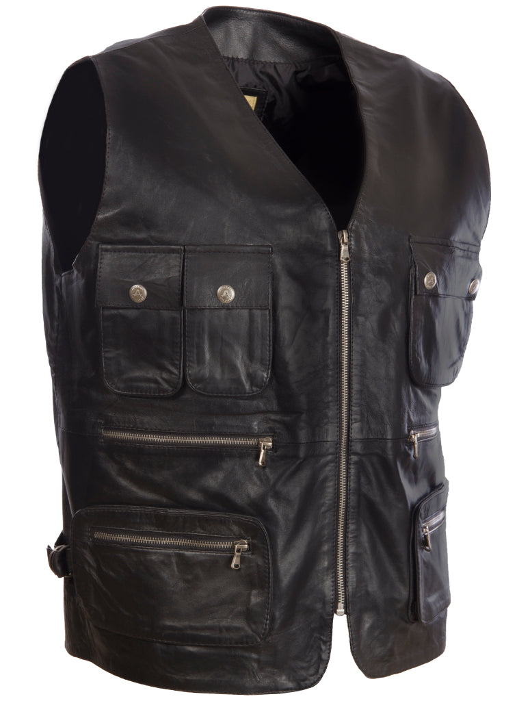 Aviatrix Men's Real Leather Fishing Travel Outdoor Hunting Waistcoat (TJUP) - Black Sheep Leather