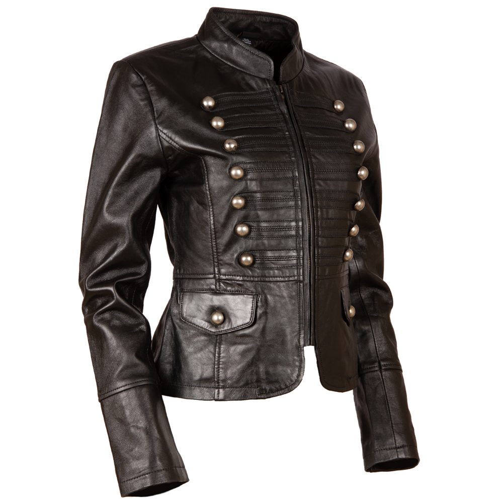 Aviatrix Women’s Real Leather Military Parade Jacket with Decorative Buttons (T5J4) - Black