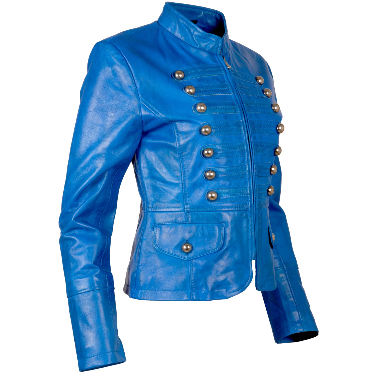 Aviatrix Women’s Real Leather Military Parade Jacket with Decorative Buttons (T5J4) - Electric Blue