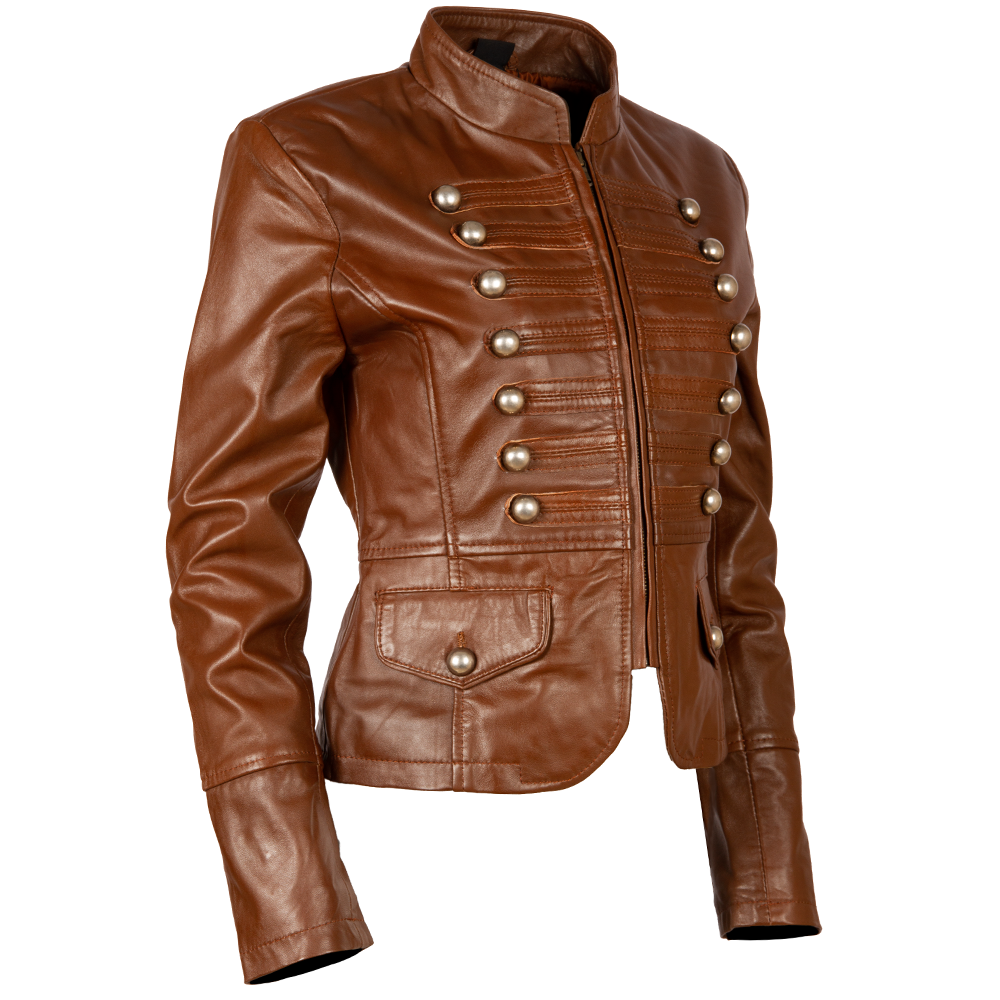 Aviatrix Women’s Real Leather Military Parade Jacket with Decorative Buttons (T5J4) - Timber