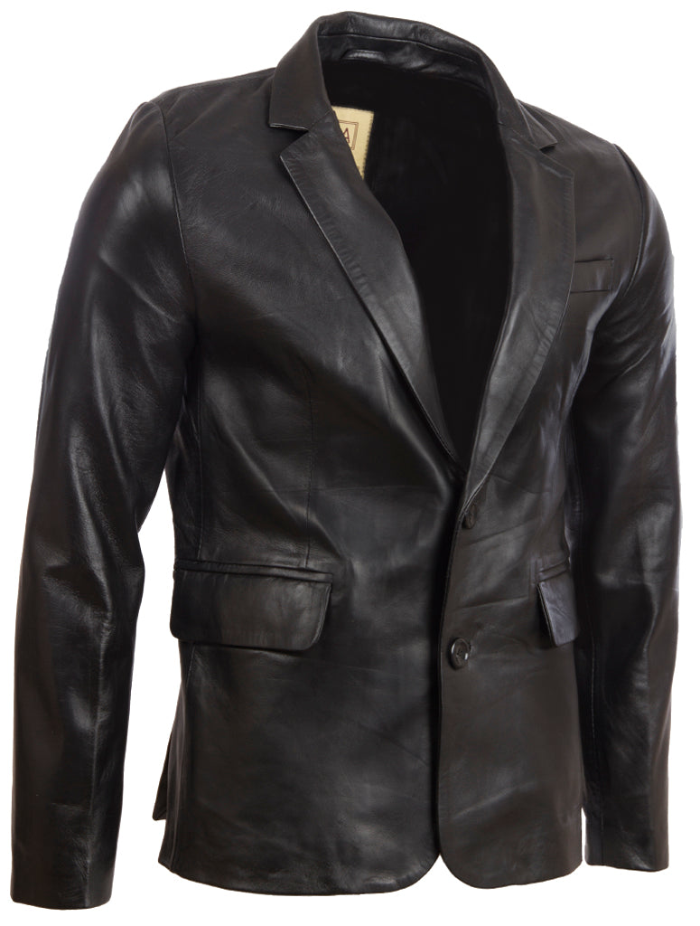 Aviatrix Men's Real Leather 2 Button Fitted Blazer Jacket (EAQQ) - Black