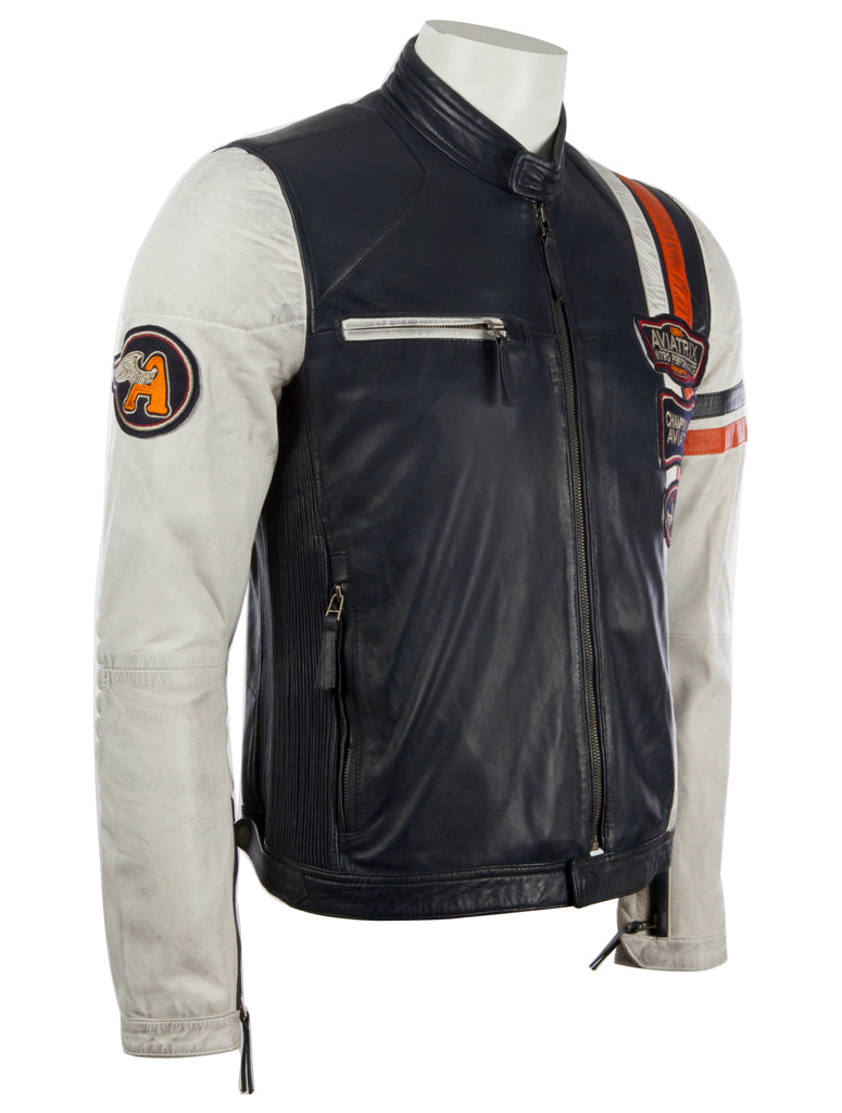 3ZS3 Men's Retro Biker Jacket - Navy/White
