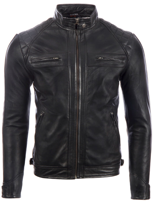 Aviatrix Men's Real Leather Crosshatch Shoulder Detail Fashion Jacket (44T9) - Black
