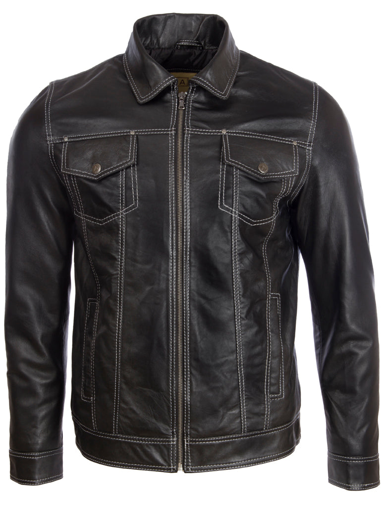 Aviatrix Men's Super-soft Real Leather Classic Harrington Fashion Jacket (AGQ5) - Black/White Stitch