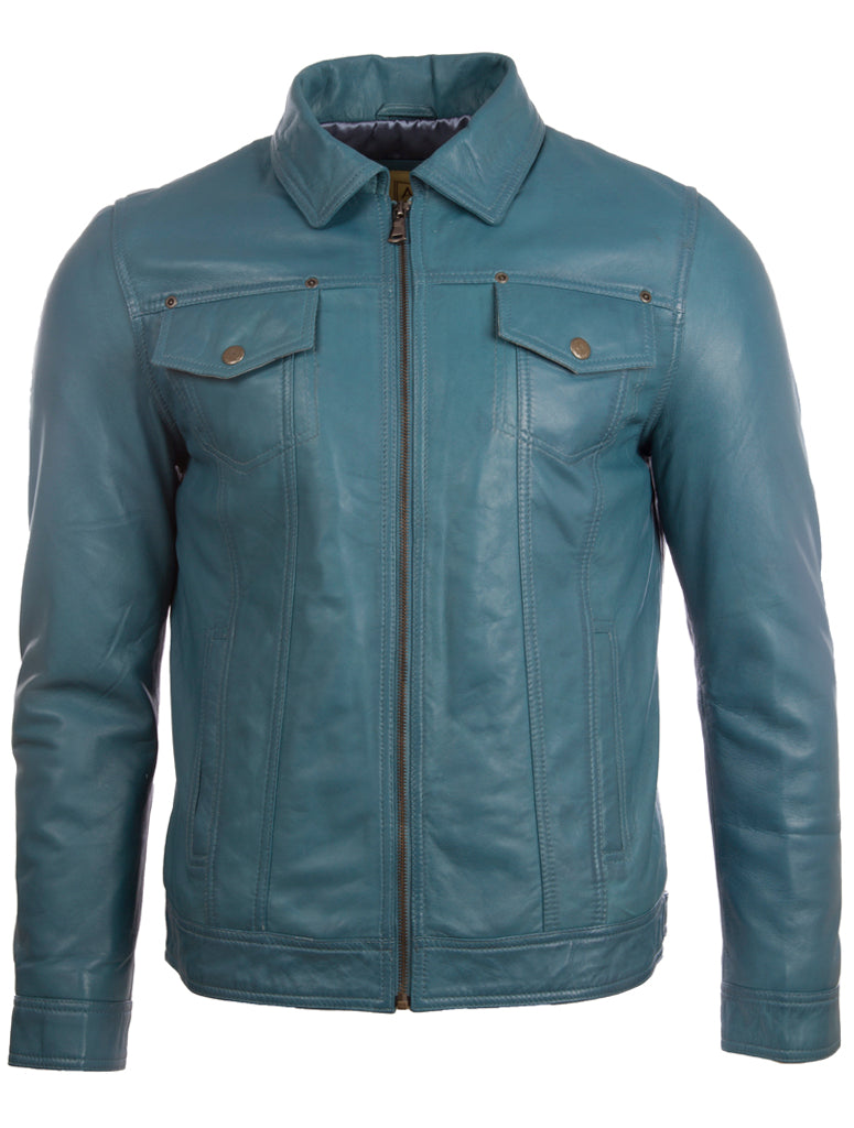Aviatrix Men's Super-soft Real Leather Classic Harrington Fashion Jacket (AGQ5) - Denim Blue