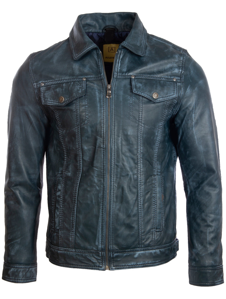 Aviatrix Men's Super-soft Real Leather Classic Harrington Fashion Jacket (AGQ5) - Frosty Blue